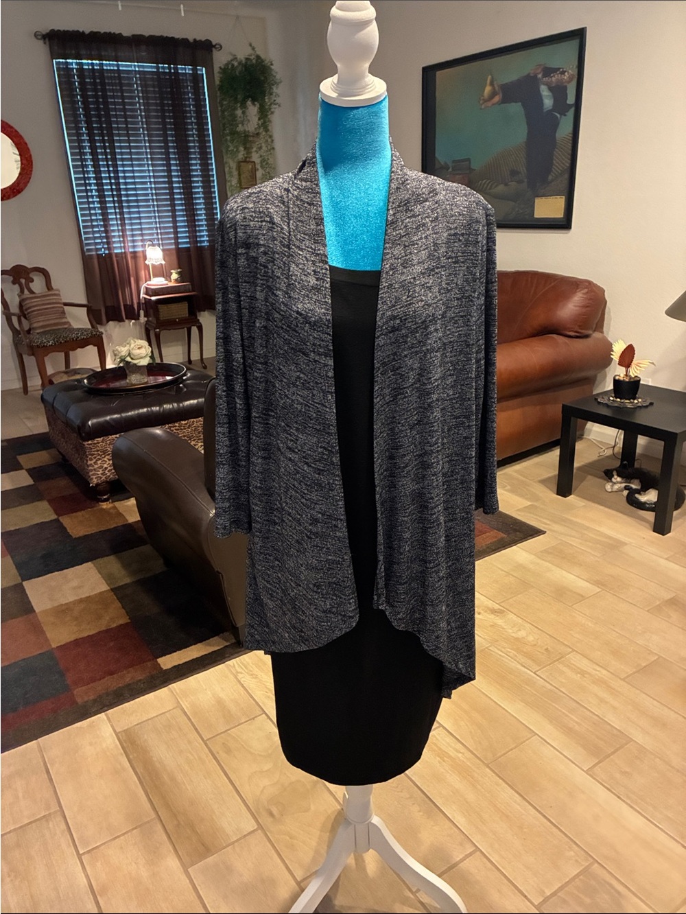 Haani Heathered Black/Grey Open-Front Midi Cardigan Dress